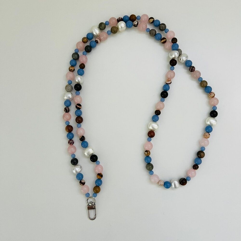 Blue Brown Multi Color Stone Silver Smart Phone Strap Lanyard Chain